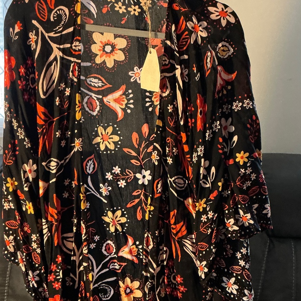 easel Black Floral Kimono Cardigan with Red, Orange & Yellow Accents